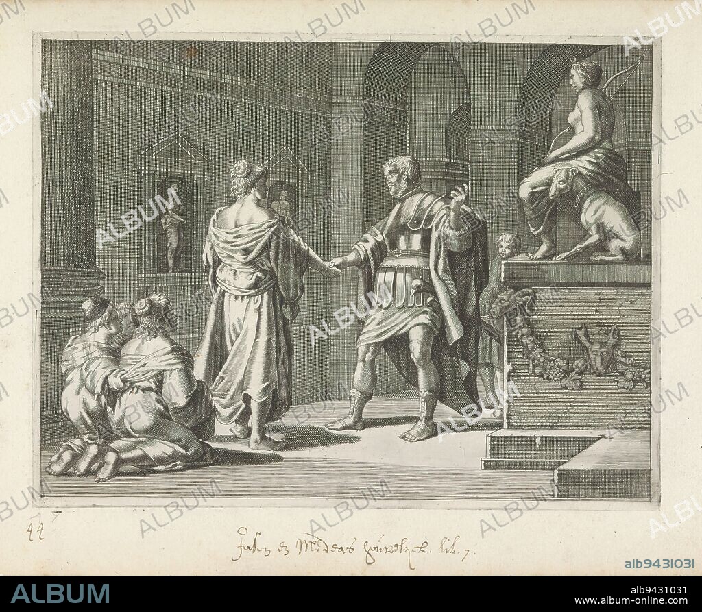 Jason and Medea at the altar of Diana, Metamorphoses of Ovid (series title), print maker: Crispijn van de Passe (II), publisher: Crispijn van de Passe (II), (attributed to), c. 1636 - 1670, paper, engraving, height 169 mm × width 224 mm.