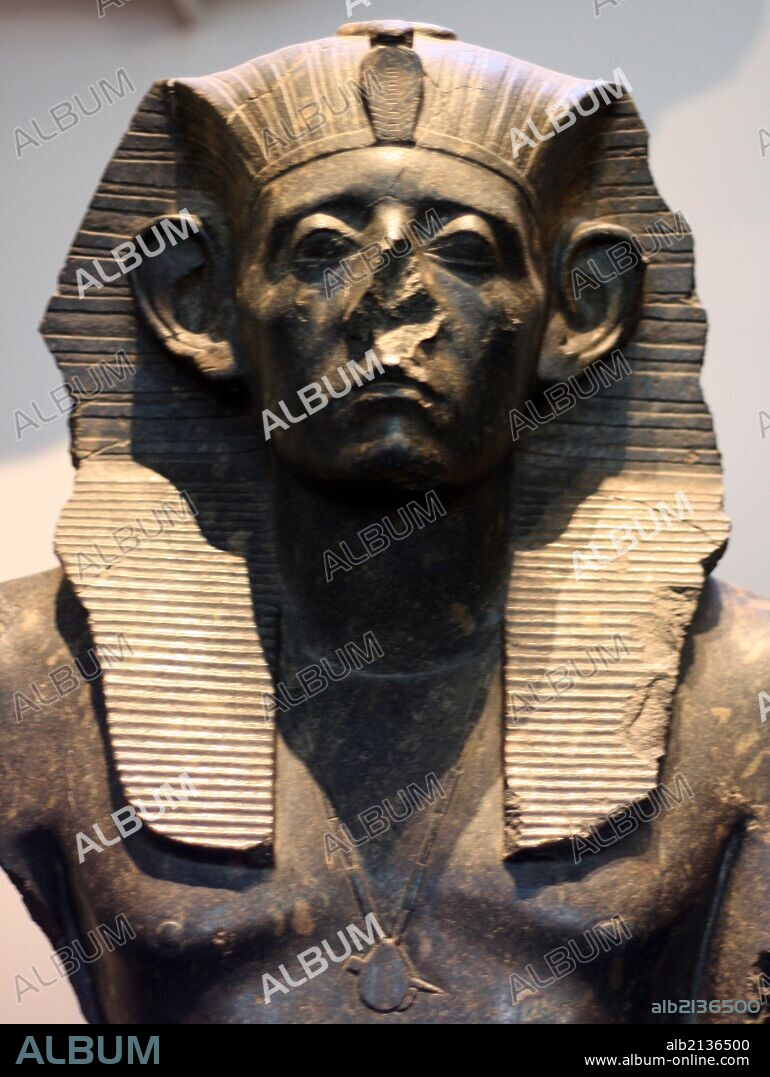 Black granite statue of King Sesostris III, 12th Dynasty (approx. 1850 BC). One of three taken from Deir el-Bahri. (Photo by: Universal History Archive/UIG via Getty Images).