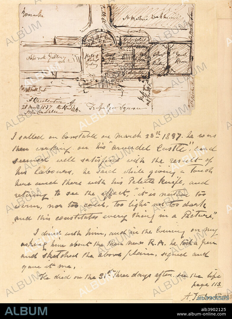 JOHN CONSTABLE. A Recollection of the New R.A. Date/Period: 1837. Genre subject. Pen and brown ink on medium, smooth, cream wove paper. Height: 340 mm (13.38 in); Width: 254 mm (10 in).