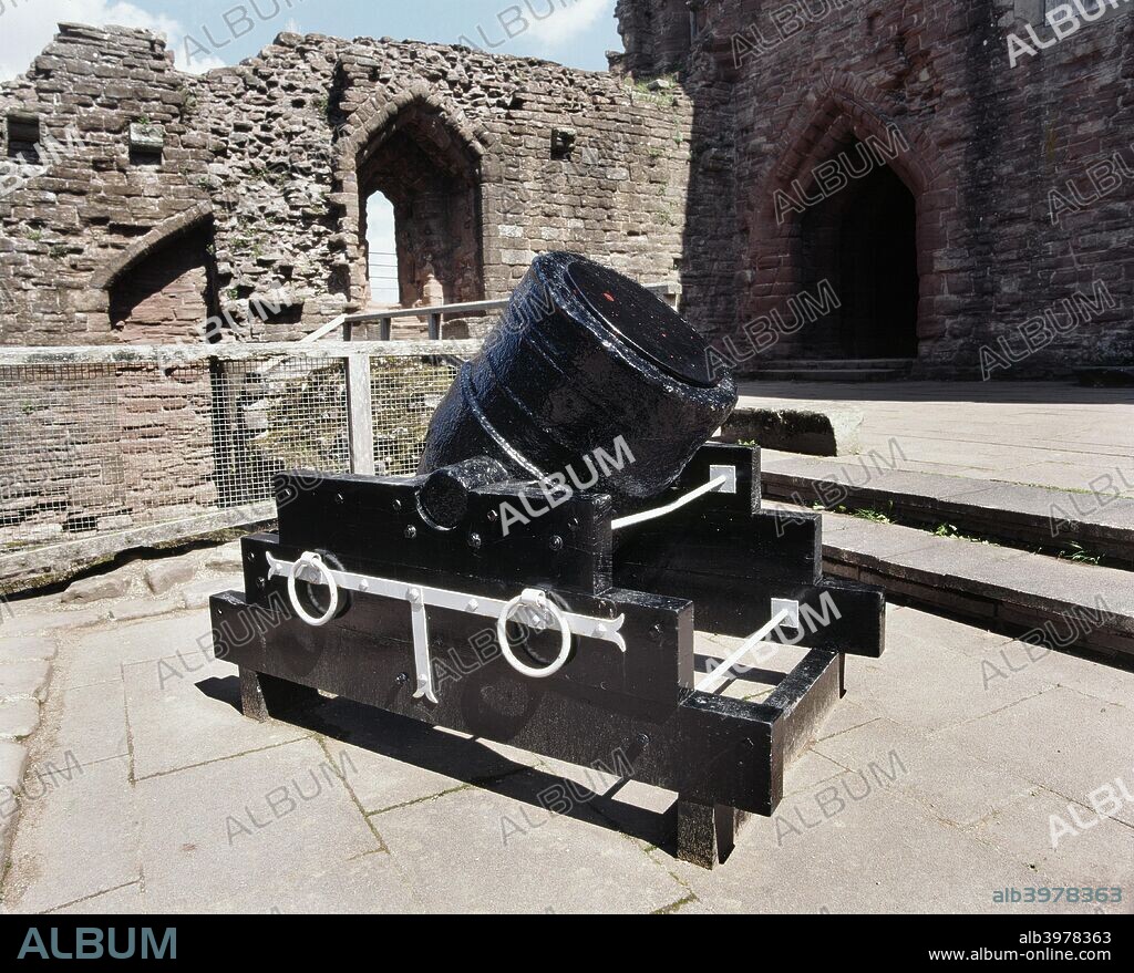 'Roaring Meg' mortar, inner ward of Goodrich Castle, Herefordshire, late 20th or early 21st century. The largest mortar used in the English Civil War, Roaring Meg was cast in 1646 for use in the Siege of Goodrich Castle.