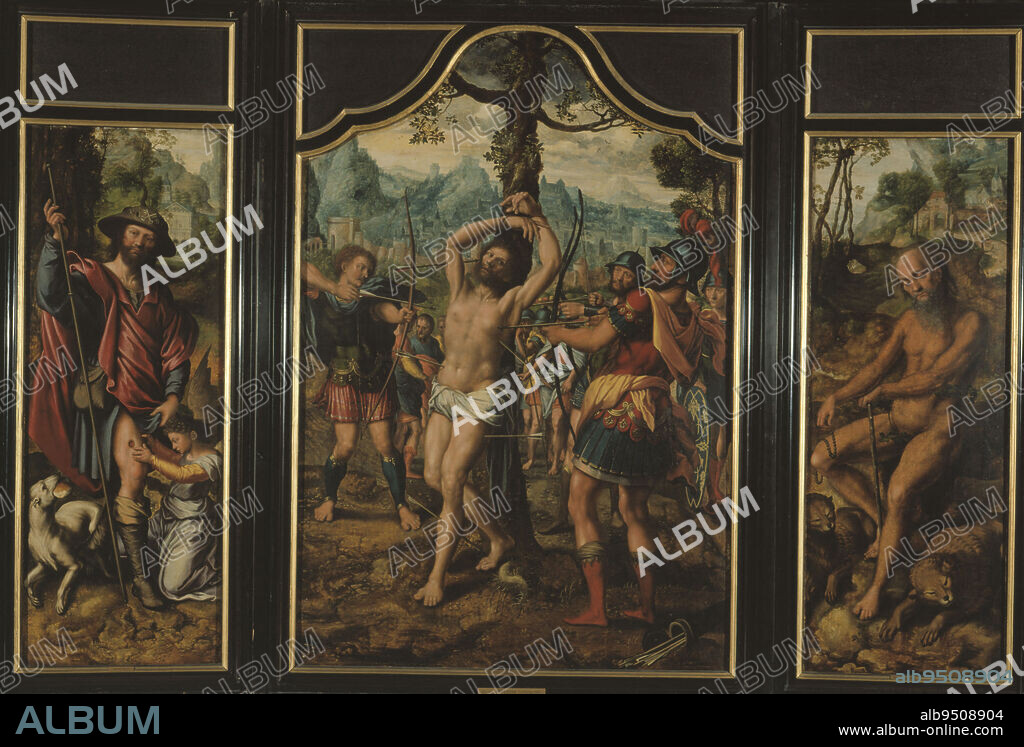 Triptych of the Martyrdom of Saint Sebastian (central panel), Saint Roch (left pane), Saint Onuphre (right pane), Saint Peter (reverse of right pane), Saint Stephen (reverse of left pane)., Van Hemessen, Jan Sanders, Painter, Between 1525 and 1566, 17th century, Petit Palais Ground floor Room 32, Painting, Painting, Oil painting, Height: 137 cm, Width: 94 cm.