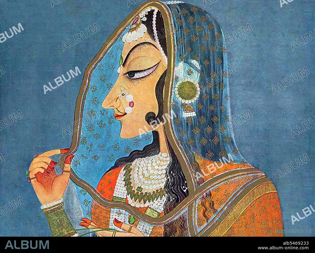 Kishangarh Painting emerged as a distinctive style in the middle of 18th century under the patronage of Maharaja Sawant Singh. Nihal Chand, a gifted artist in the Maharaja's court, produced some highly individualistic and sophisticated works. The chief characteristics of the Kishengarh paintings were the elongation of human faces, lavish use of green and depiction of panoramic landscapes. Portrayal of Radha and Krishna in elongated faces is a common subject of Kishangarh paintings. The elongated neck, the long stylised eyes with drooping eyelids, the thin lips and pointed chin of Radha standing in a graceful pose with her head covered with a muslin odhni, is undoubtedly the most striking creation of the Kishangarh school. This style continued into the 19th century and a series of paintings of the Gita Govinda were produced in 1820. The most famous Kishangarh painting is called Bani Thani. The Indian government has used it on a postal stamp. The Bani Thani style of painting got its name from a story with a twist of romance to it. In the Kishangarh court during the 18th century there ruled a poet-king called Raja Samant Singh (1699–1764) who had eyes only for Bani Thani, a court singer and poet. Bani Thani’s eyes were what drew Samant Singh to her, and so did her singing. Seeing Bani Thani singing in his court each day helped the king’s heart grow fonder. Now Samant Singh wrote poetry under the name of Nagari Das, and since Bani Thani was a poet in her own right too, love was not far behind. <br/><br/>.
