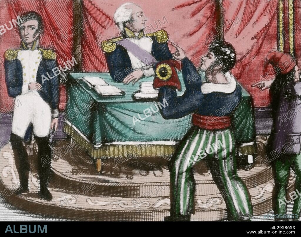 French Revolution. 1789-1799. Sansculottes offering the Phrygian cap, symbol Revolution, to King Louis XVI (presoner). Engraving. Colored.