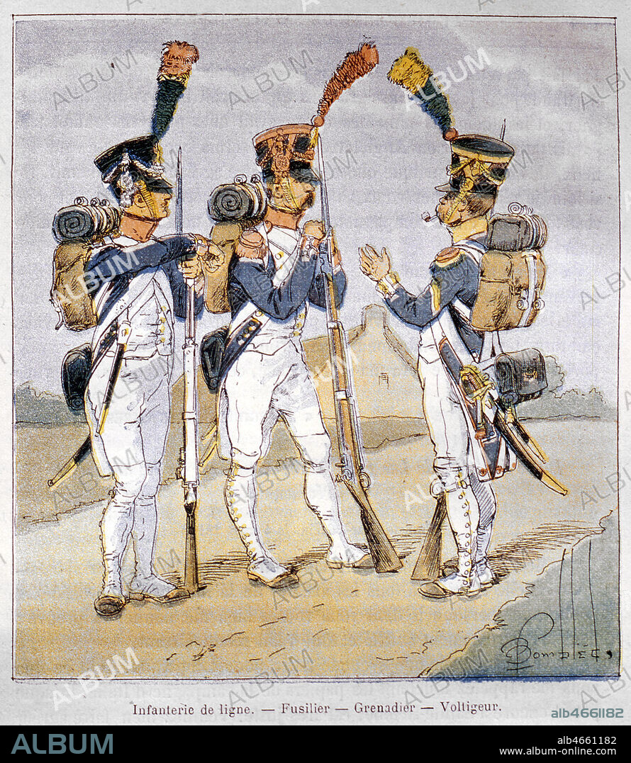 Infanterie de ligne, fusilier, grenadier, voltigeur. Illustration Bombled pour Le Memorial de Sainte Helene par Las Cases, Garnier Freres, 1895. Credit Collection Bertrand/ Kharbine Tapabor.