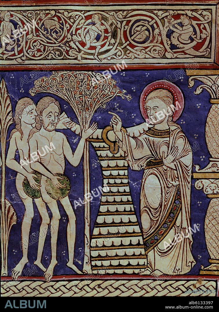 BIBLIA SACRA DE BURGOS - ADAN Y EVA, EXPULSION DEL PARAISO - SIGLO XII - MS 173-F 12V - PROCEDE DE SAN PEDRO DE CARDEÑA.