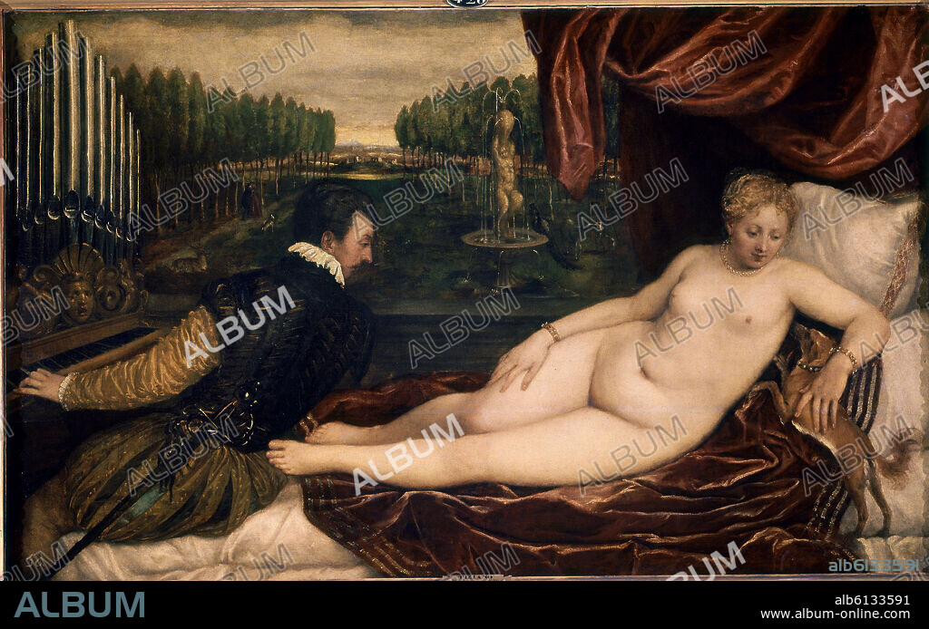 TIZIANO VECELLIO DE GREGORIO-TICIANO-. VENUS RECREANDOSE EN LA MUSICA - HACIA 1550 - OLEO/LIENZO - 136x220 cm - NP 420 - RENACIMIENTO ITALIANO - OBRA ENCARGADA POR FELIPE II.