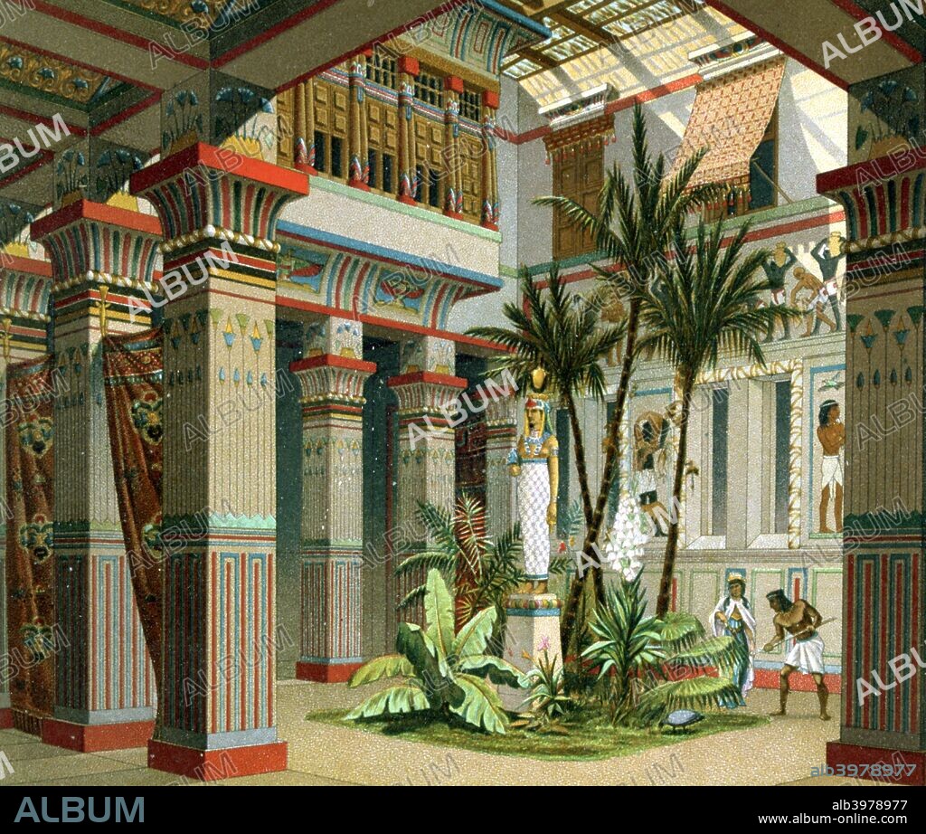 Ancient Egyptian palace interior, 1888. Published in Historical Costumes, by MA Racinet. (Paris, 1888).