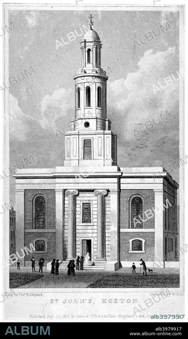 Church of St John the Baptist, Hoxton, London, 1827. St John the Baptist in Hoxton, at the junction of Pitfield Street with New North Road, was constructed in 1825-1826 to designs of Francis Edwards.