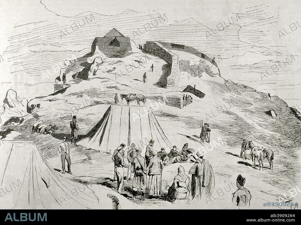 España. Tercera Guerra Carlista (1872-1876). El fuerte de Montejurra en Navarra, una fortaleza de las tropas carlistas. Imagen tomada el 18 de Febrero. Grabado. La Ilustración Española y Americana, 15 de marzo de 1876.