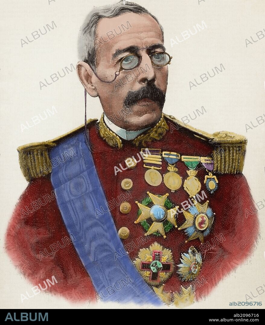 JOVELLAR SOLER, Joaquín (Palma de Mallorca, 1819-Madrid, 1892). Militar y político español. Adherido a la revolución de 1868, formó parte de la Junta que provisionalmente ocupó el poder en Madrid. Capitán General de Cuba y Filipinas y Ministro de Guerra en el primer gobierno de la Regencia (1885-1886). Grabado coloreado de 1892.