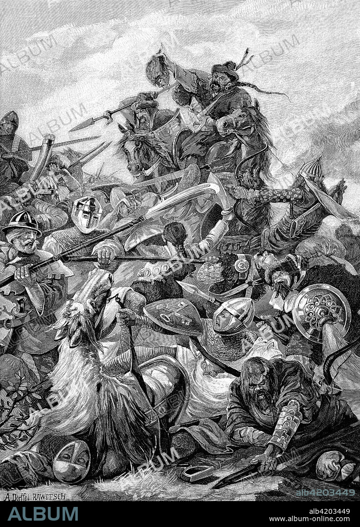 The Battle of Legnica, also known as the Battle of Liegnitz, Poland, Original drawing by A. Doerffel, historical image or illustration, published 1890, digital improved.