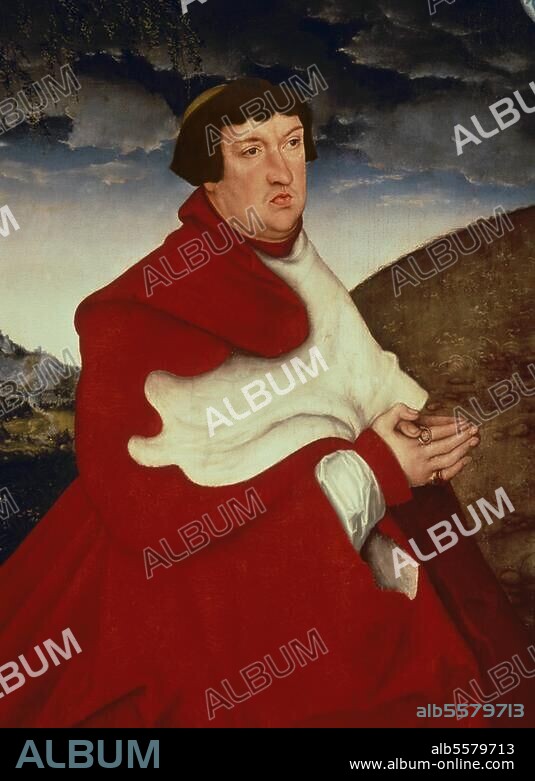 LUCAS CRANACH DER ÄLTERE. Albrecht von Brandenburg, Erzbischof, Kurfürst von Mainz. 28.6.1490 - Mainz 24.9.1545. "Kardinal Albrecht von Brandenburg, vor dem Gekreuzigten kniend". Gemälde von Lucas Cranach d. Ä., um 1520/25. Öl / Holz, 158 × 112 cm. (Ausschnitt). München, Alte Pinakothek.