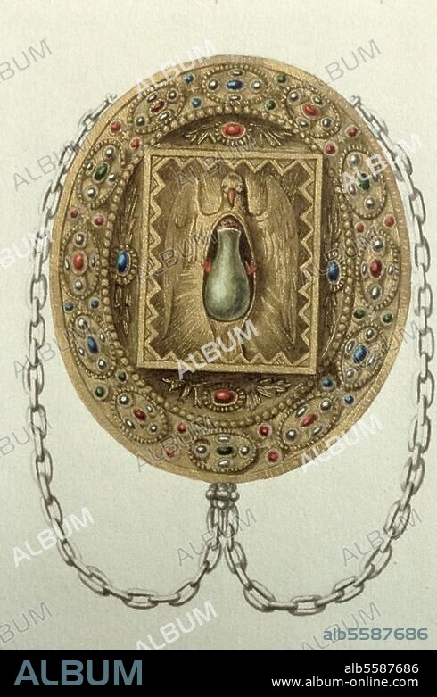 Illumination, French, 19th century. Depiction of Sainte Ampoule, a phial filled with oil which, according to legend, was brought from Heaven by a dove to mark the conversion of Clovis I in 496 A.D. Liturgical book from 1882. for the Abbey church St. Rémi of Reims. Reims, Musée Saint-Rémi.