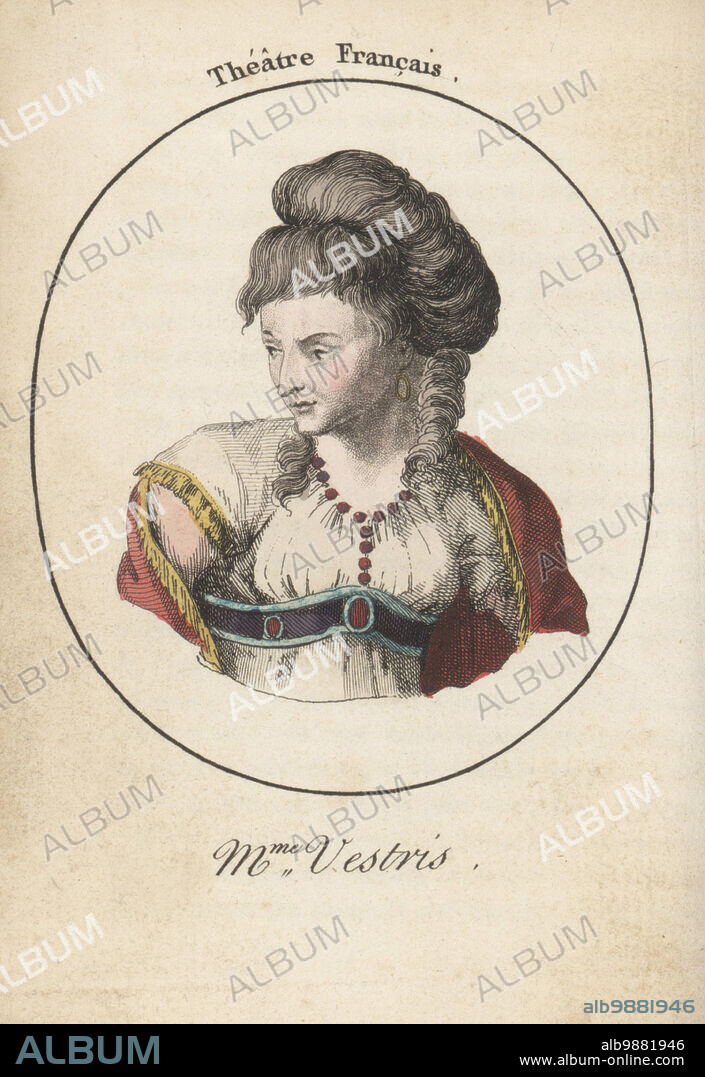 Françoise-Rose Gourgaud or Madame Vestris, French actress, 1743-1804. During the French Revolution, she joined the republican fraction in the Théâtre de la République. Mme Vestris. Thestre Francais. Handcoloured stipple engraving after Jacques Grasset Saint-Sauveur from Acteurs et Actrices Celebres, Famous Actors and Actresses, Chez Latour Libraire, Paris, 1808.
