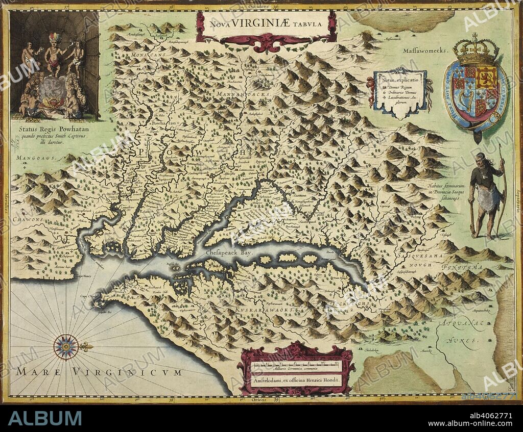 HENRIK HONDIUS. A map of Virginia. NOVA VIRGINIÃ† TABVLA. Amstelodami [Amsterdam] : ex officina Henrici Hondii, [between 1630 and 1631.]. Copperplate engraving, hand colour. Source: Maps K.Top.122.40. Language: Latin.