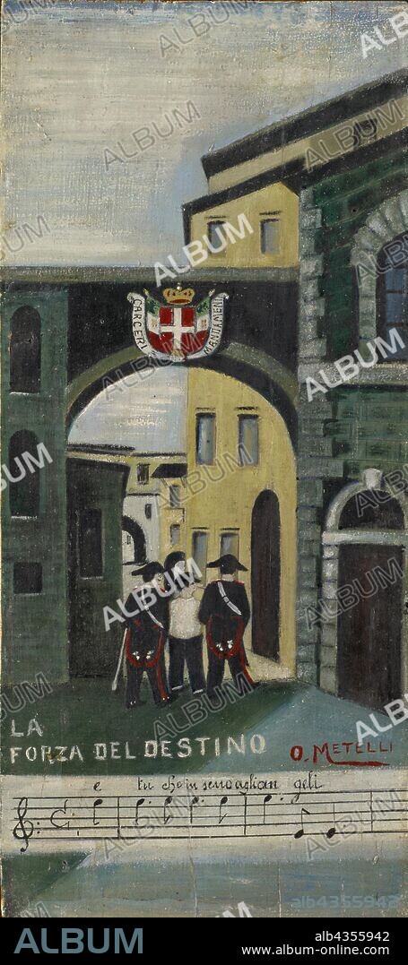 La forza del destino, oil, plywood, 37.5 x 16.5 cm, Inscribed and signed on the front: Carceri mandameni [?] La, FORZA DEL DESTINO [Note notation], e tu che in seno anglian geli, O., METELLI, Orneore Metelli, Terni 1872–1938 Terni.