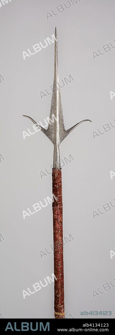 Friuli Spear. Italian. Date: 1540-1560. Dimensions: L. 250.2 cm (98 1/2 in.)
Blade L. 59.7 cm (23 1/2 in.)
Wt. 3 lb. 8 oz. Steel, velvet covered wood (pine), and brass nails. Origin: Italy.