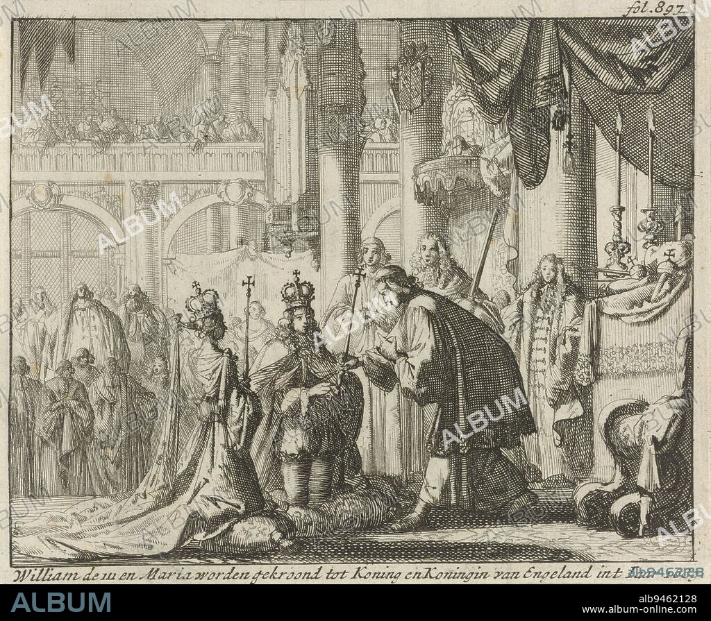 The coronation of William III and Mary II Stuart as King and Queen of England in Westminster Abbey, 21 April 1689. Marked top right: fol. 897., Coronation of William III and Mary II, 1689 William the III and Mary are crowned King and Queen of England int Year 1689 , print maker: Jan Luyken, printer: Jurriaen van Poolsum, print maker: Amsterdam, printer: Utrecht, 1689, paper, etching, h 113 mm × w 137 mm.