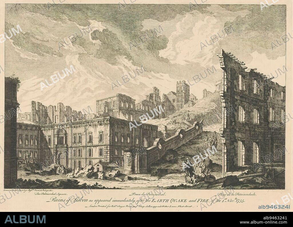 Ruins of the buildings at the Square of the Patriarchs in Lisbon, 1755, The Patriarchal Square / Praca da Patriarchat / Place de la Patriarchale (title on object), Ruins of Lisbon as appeared immediately after the Earthquake and Fire of the 1st Novbr 1755 (series title on object), Ruins of the buildings at the Square of the Patriarchs in Lisbon. Part of a series of six prints of the ruins of the city of Lisbon after the great earthquake of November 1, 1755. Copies after the original print series by J.P. Le Bas of 1758, after drawings by local artists, probably amateurs, referred to as Paris & Pedegoche., print maker: anonymous, publisher: Robert Sayer, (mentioned on object), after print by: Jacques-Philippe Le Bas, print maker: England, publisher: London, 1758 - 1760, paper, etching, height 283 mm × width 393 mm.