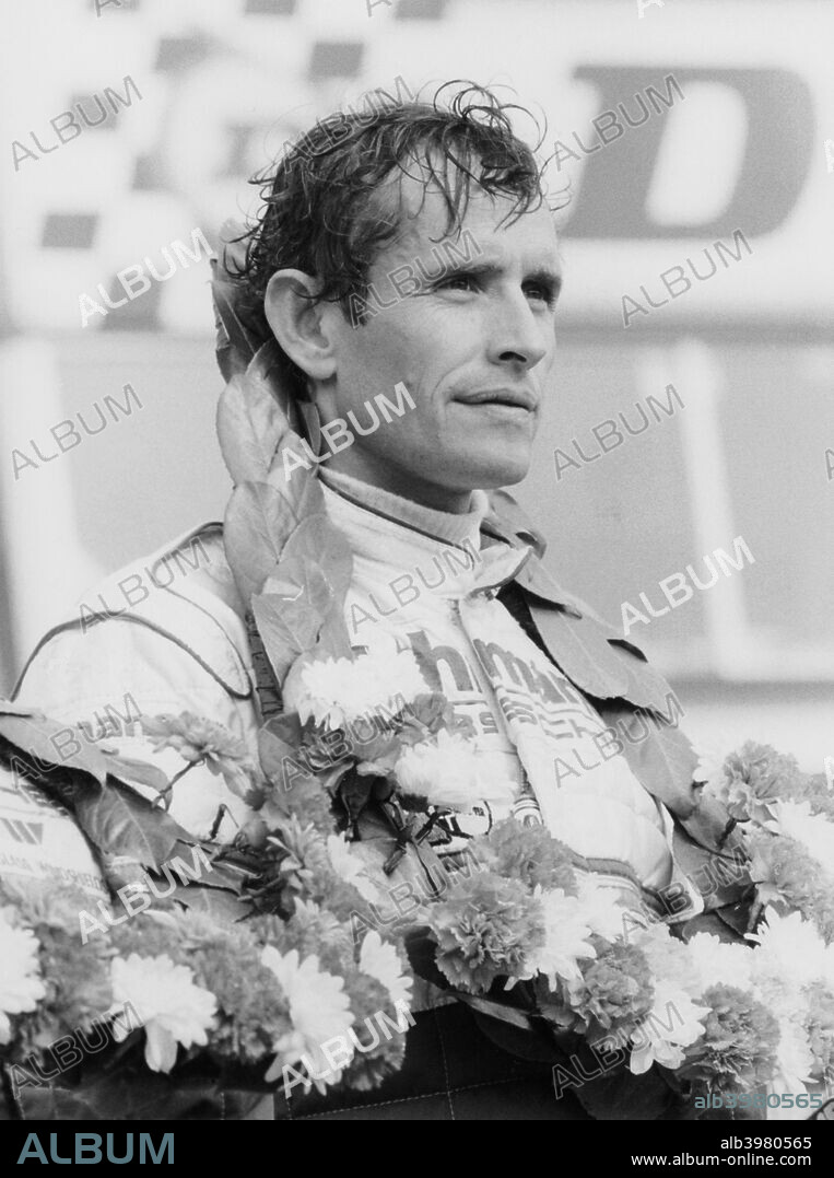 Jacky Ickx after winning the Silverstone 1000km, 1985. As well as being the winner of 8 Formula 1 Grands Prix, Jacky Ickx was also a phenomenally successful driver in sportscar racing. The Belgian won many victories in endurance races, including 6 wins at Le Mans, in 1969, 1975, 1976, 1977, 1981 and 1982. He was World Sportscar Champion in 1982 and 1983, and won the Can-Am World Championship in 1979.