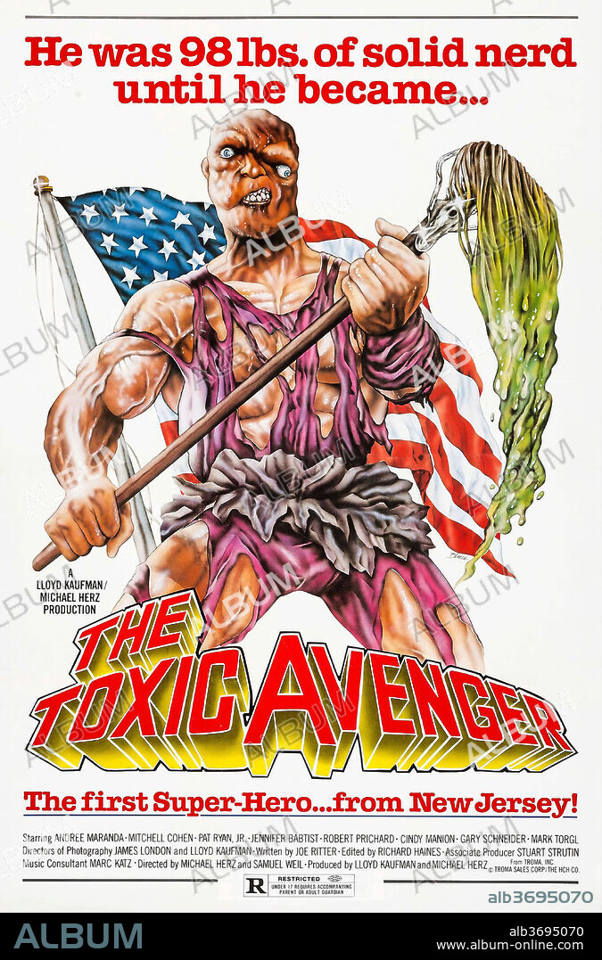 Poster de EL VENGADOR TOXICO, 1984 (THE TOXIC AVENGER), dirigida por LLOYD KAUFMAN y MICHAEL HERZ. Copyright TROMA ENTERTAINMENT.