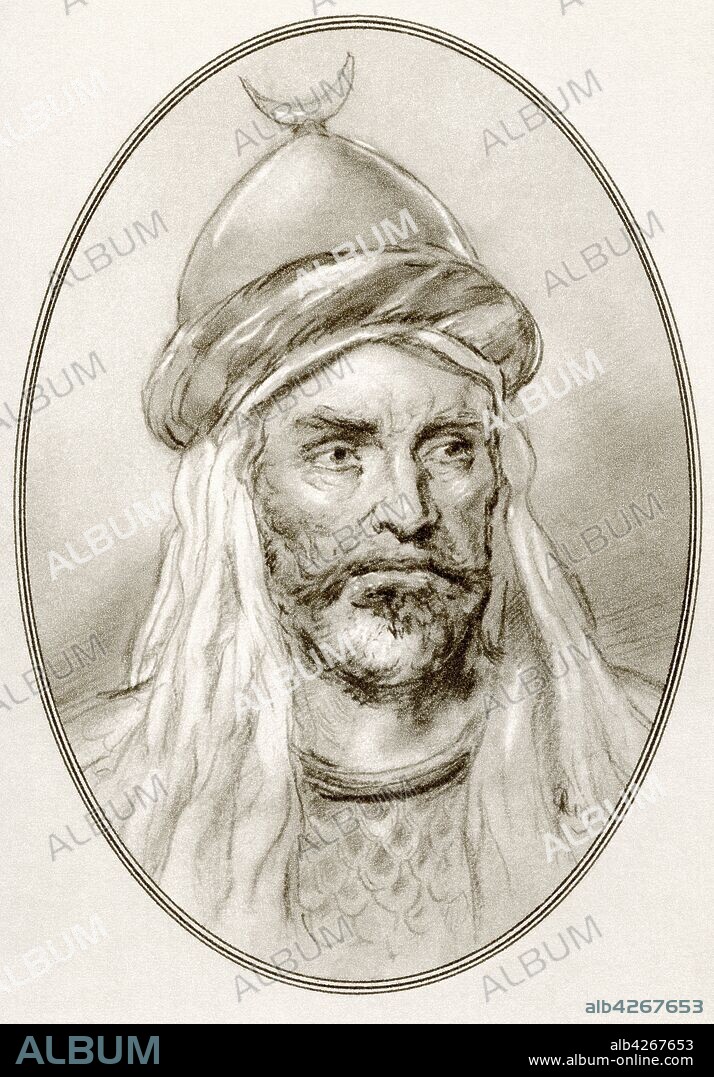 An-Nasir Salah ad-Din Yusuf ibn Ayyub,  aka Salah ad-Din or Saladin,  1137 – 1193 First sultan of Egypt and Syria and the founder of the Ayyubid dynasty Illustration by Gordon Ross,  American artist and illustrator 1873-1946,  from Living Biographies of Famous Rulers.
