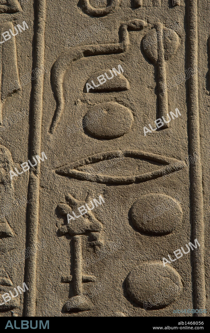 ESCRITURA JEROGLIFICA. EGIPTO. Detalle de una de las paredes del PRIMER PATIO DE RAMSES II. TEMPLO DE LUXOR. DINASTIA XIX. (1320-1200 a. C.). IMPERIO NUEVO.