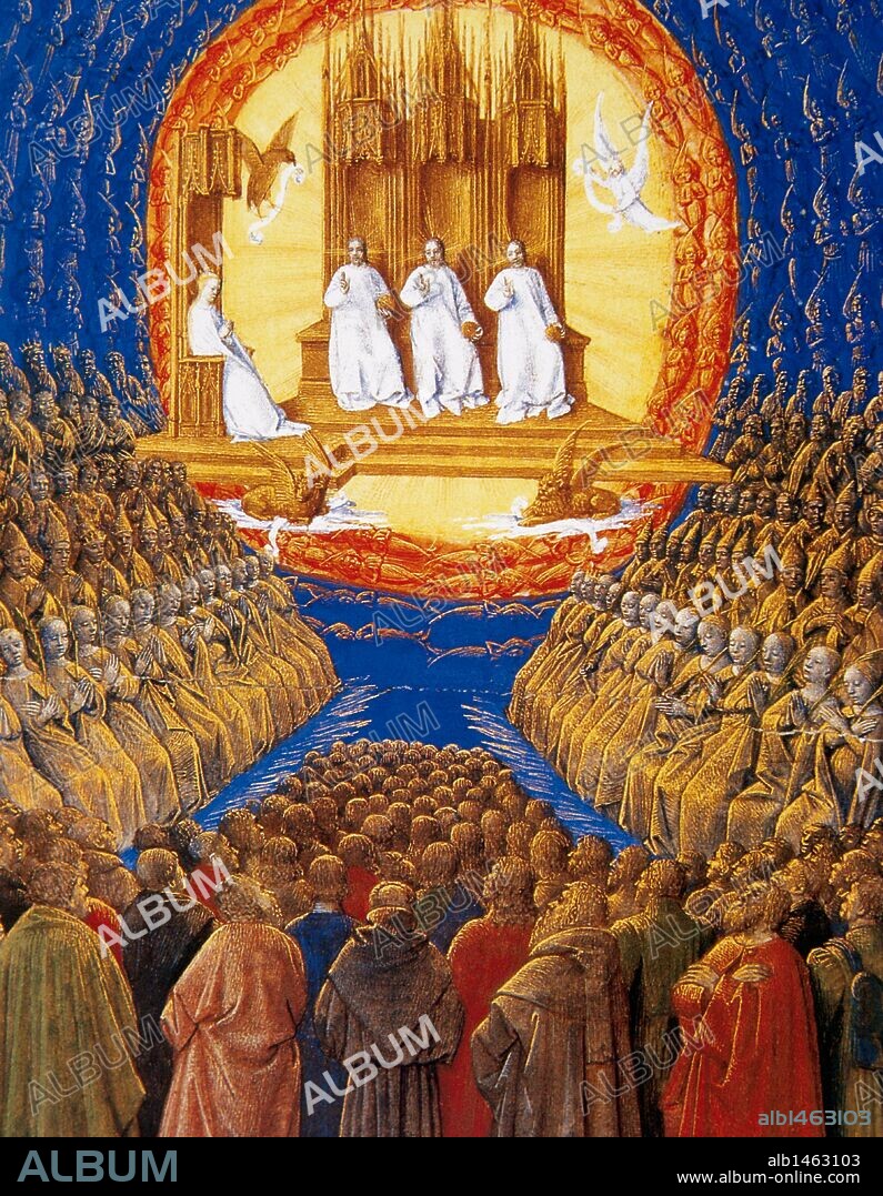 JEAN FOUQUET. "SANTISIMA TRINIDAD EN LA GLORIA DEL PARAISO". Miniatura del siglo XVI perteneciente a un 'Libro de Horas'. Castillo de Chantilly. Francia.