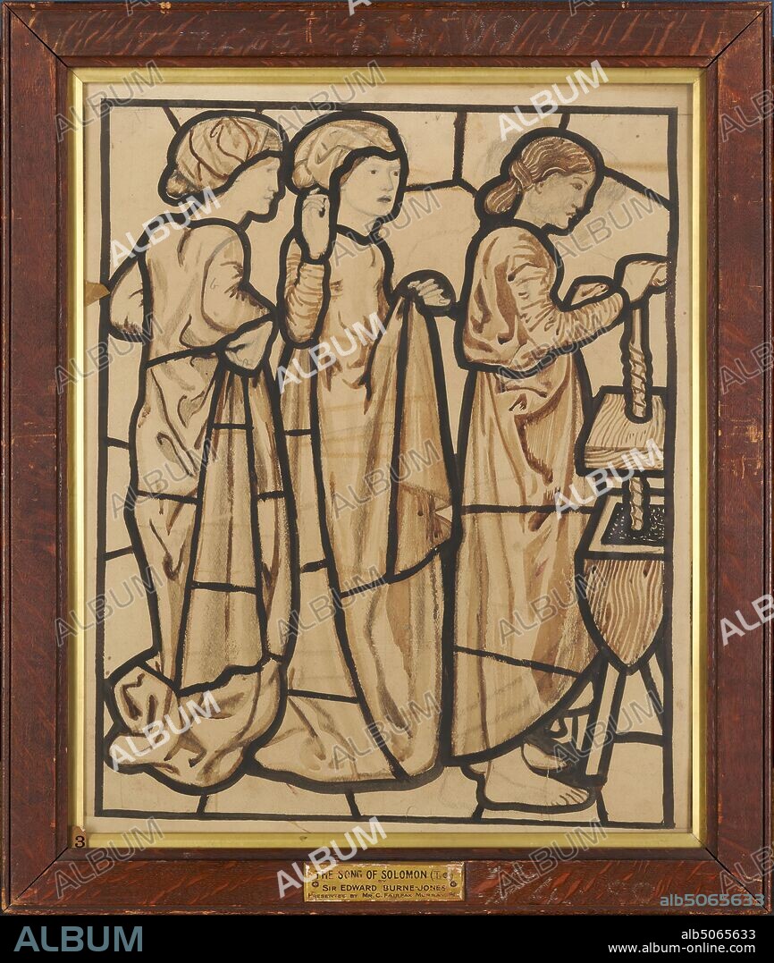 The Song of Solomon, 'My Mother's Children were angry with me', 1862-3 Sir Edward Burne-Jones (d.1898), Design for St Helen's Church, Darley Dale, Derbyshire, England, Art Movement, Pre-Raphaelite, 19th Century, Ink, Pencil, Religion, Women, Press, Frame, Mixed media, Wine, Works on Paper.