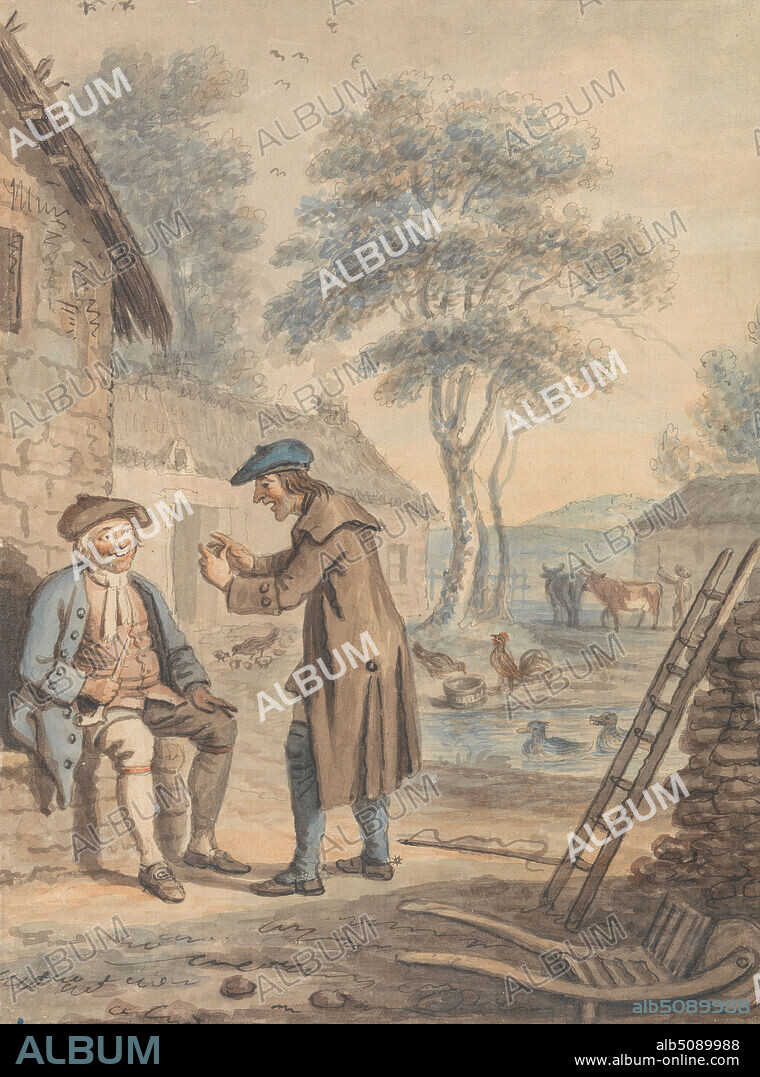 Symon Breaks the News to Glaud: Design number 3 for The Gentle Shepherd, David Allan, 17441796, British, born in Scotland, 1788, Watercolor, pen and black ink and graphite on medium, slightly textured, cream laid paper, Sheet: 9 × 6 5/8 inches (22.9 × 16.8 cm), animals, farmyards, ladders, literary theme, men, trees.