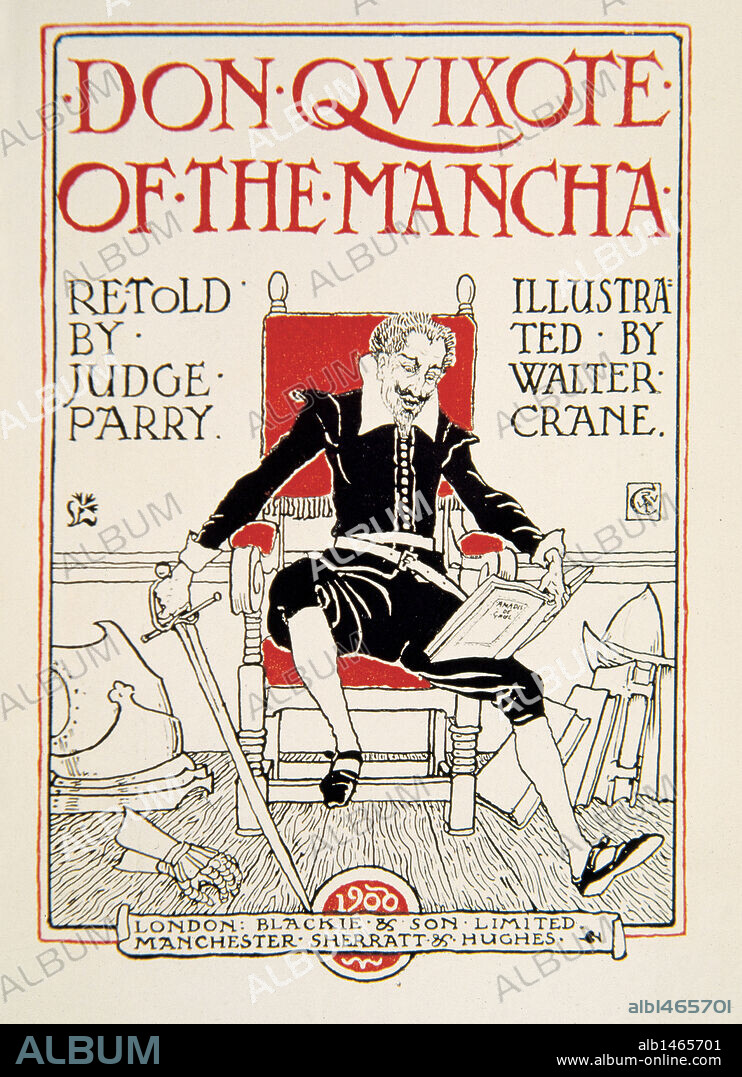 "EL INGENIOSO HIDALGO DON QUIJOTE DE LA MANCHA", obra de Miguel de Cervantes Saavedra (1547-1616). PORTADA de la edición hecha por Judge Parry en Londres en el año 1900. La ilustración es obra de Walter Crane. S. XX. Biblioteca Nacional. Madrid. España.