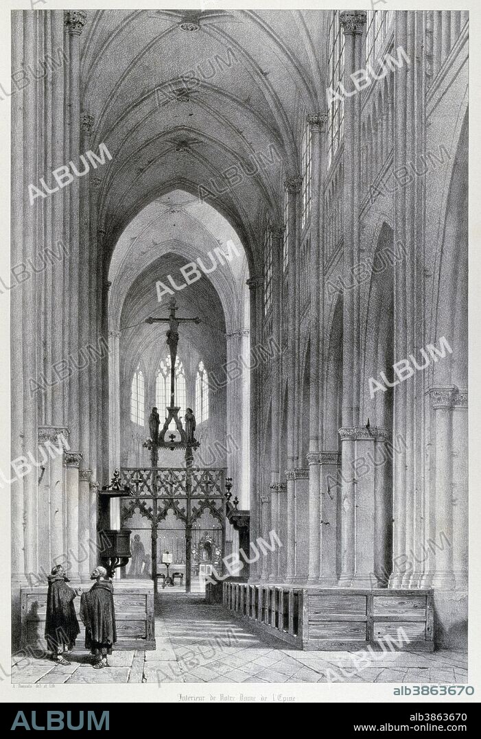 The Basilique Notre-Dame de l'epine, near Chalons-en-Champagne by Isidore Justin Severin Taylor, baron Taylor 1789-1879, Artist and philanthropist. From 'Voyages Pittoresques' 1857. The Basilique Notre-Dame de l'epine is a Roman Catholic basilica in the small village of L'epine, Marne, near Chalons-en-Champagne and Verdun. It is a major masterpiece in the Flamboyant Gothic style.