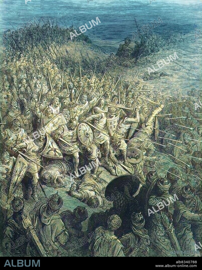 The Battle of Dorylaeum took place during the First Crusade on July 1, 1097, between the crusaders and the Seljuk Turks, near the city of Dorylaeum in Anatolia, First crusade / Die Schlacht von Doryl§um fand w§hrend des Ersten Kreuzzugs am 1. Juli 1097 zwischen den Kreuzfahrern und den seldschukischen Tºrken in der N§he der Stadt Doryl§um in Anatolien statt. Erster Kreuzzug, historisch, historical, digital improved reproduction of an original from the 19th century / digitale Reproduktion einer Originalvorlage aus dem 19. Jahrhundert, Originaldatum nicht bekannt, koloriert, handcoloriert, Koloration.