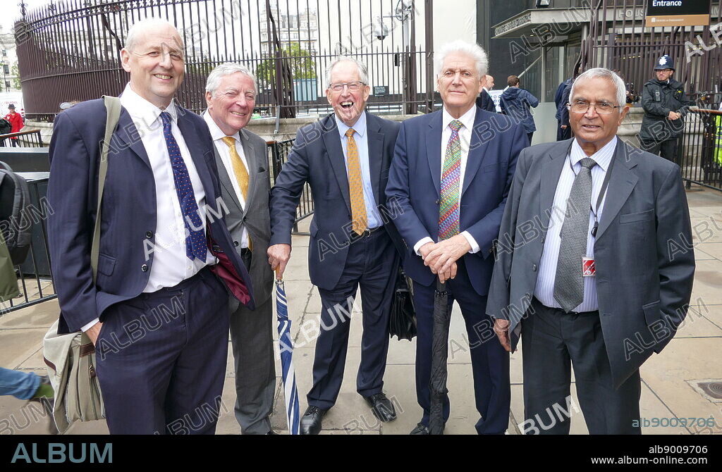 Liberal Democrat Peers (Lords) attend the reconvened Parliament after the British Supreme Court, overturned the Prorogation of Parliament, September 2019. Left to right: Lord Redesdale, Lord Clement-Jones, Lord McNally, Lord Strasburger and Lord Dholakia.