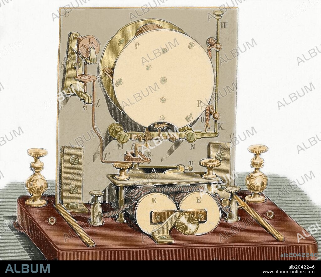 Parte posterior del RECEPTOR DEL TELEGRAFO ELECTRICO DE FOY Y BREGUET. SIGLOS XVIII-XIX. Grabado coloreado del siglo XIX.