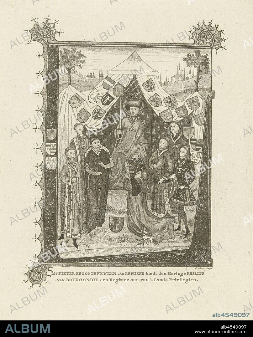 Mr. Pieter Beoostenzween van Renesse offers Philip, Duke of Burgundy a register of privileges, ca. 1464-1472 Pieter Beoostenzween van Renisse offers the Hertoge Philips of Burgundy a Register of 's Lands Privilegien (title on object), Mr. Pieter Beoostenzween of Renesse offers a register of privileges to Kneeling Philip the Duke of Burgundy, c. 1464-1472. The duke sits in a tent on a throne, sword in hand. Around it six other men and weapons. According to Muller after the original miniature in the Remissorium of mr. Pieter Beoostenzween of Renesse, picture, painting (miniature painting), Philip the Good (duke of Burgundy), Pieter Beoostenzween of Renesse, Jan Kobell (I), 1795 - 1797, paper, etching, h 252 mm × w 200 mm.