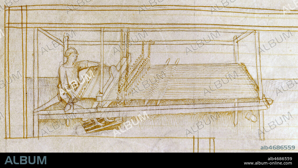 Tisserand devant son metier a tisser. Enluminure tiree du 'Postilles' de Nicolas de LIRE, Exode 36, ouvrage du 14eme s. (XIVe, 14e s.). Manuscrit medieval conserve a la bibliotheque municipale d'Arras. Credit Collection JEAN VIGNE/KHARBINE TAPABOR.