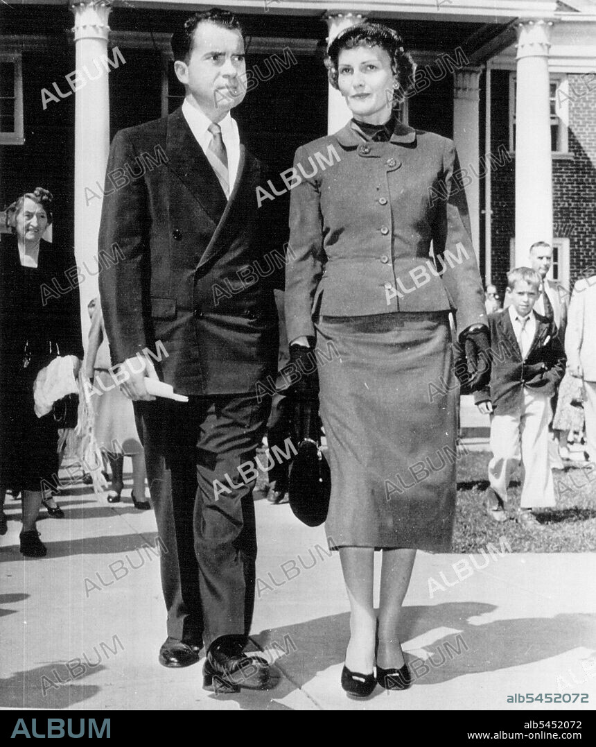 Nixons Leave Church -- Vice President Richard Nixon presents a grave expression as he and Mrs. Nixon leave the Westmoreland Congregational Church after attending a morning service today. A short time later Nixon said "the business of the government will go on as usual without any delay because of President Eisenhower's temporary absence." September 25, 1955. (Photo by AP Wirephoto).