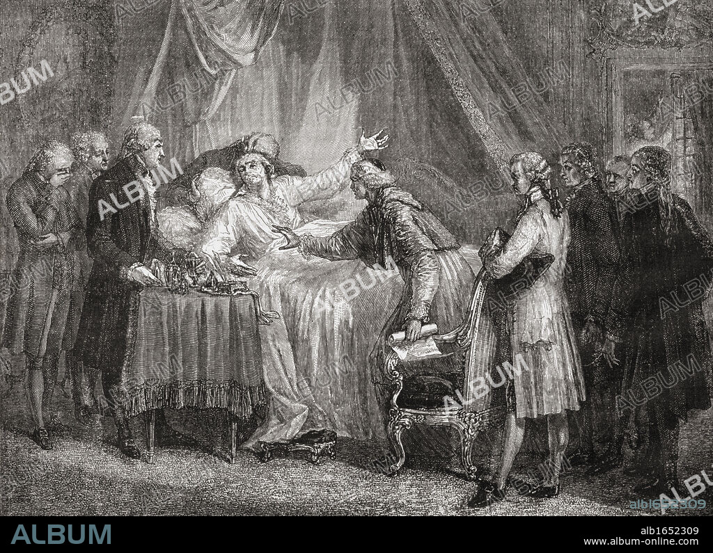 Death of Mirabeau.Honore Gabriel Riqueti Comte de Mirabeau,1749-1791. French revolutionary statesman.Engraved by Blanpain after De La Charlerie. From "Histoire de la Revolution Francaise" by Louis Blanc.