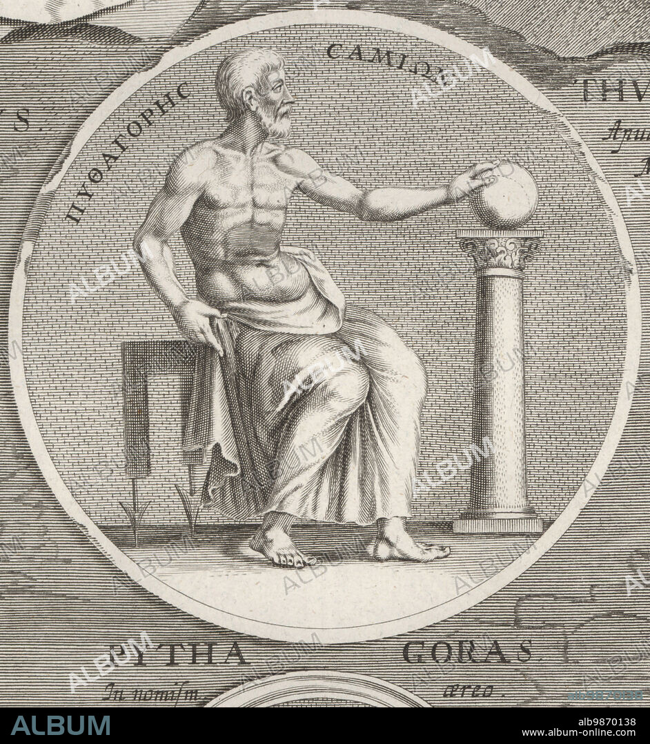 Pythagoras of Samos, ancient Ionian Greek philosopher and the eponymous founder of Pythagoreanism, c.570-495 BC. Seated with hand on a globe. From a coin. Pythagoras. Copperplate engraving after an illustration by Joachim von Sandrart from his LAcademia Todesca, della Architectura, Scultura & Pittura, oder Teutsche Academie, der Edlen Bau- Bild- und Mahlerey-Kunste, German Academy of Architecture, Sculpture and Painting, Jacob von Sandrart, Nuremberg, 1675.
