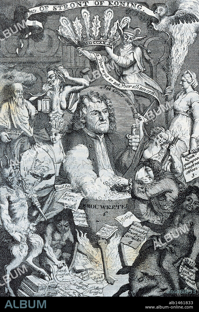 John Law (1671Ð1729). Scottish economist. He was appointed Controller General of Finances of France under King Louis XV. In 1716 Law established the Banque Ge_ne_rale in France, a private bank. Dutch satirical engraving. Episcopal Library. Barcelona. Catalonia. Spain.