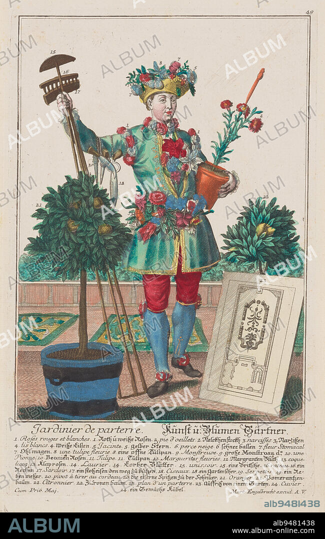 Flower Gardener, c. 1730, Martin Engelbrecht, German, 1684 - 1756, 10 1/2 x 7 1/2 in. (26.67 x 19.05 cm) (image)12 5/8 x 8 in. (32.07 x 20.32 cm) (plate)14 x 8 5/8 in. (35.56 x 21.91 cm) (sheet)19 3/4 x 15 3/4 x 1 1/8 in. (50.17 x 40.01 x 2.86 cm) (outer frame), Hand-colored engraving, Germany, 18th century.