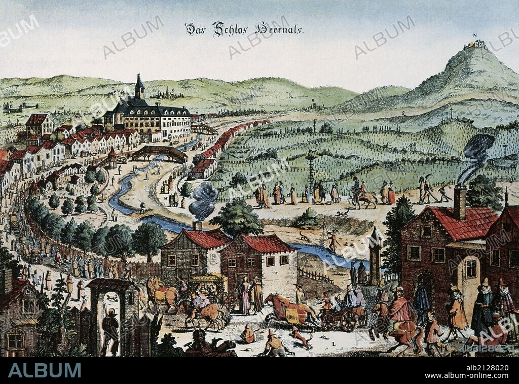 HISTORIA DE AUSTRIA. EDAD MODERNA. VIENA. Vista de la ciudad amurallada a orillas de uno de los canales del río Danubio. Grabado de finales del siglo XVII, antes de ser asediada por los turcos, en el 1683.