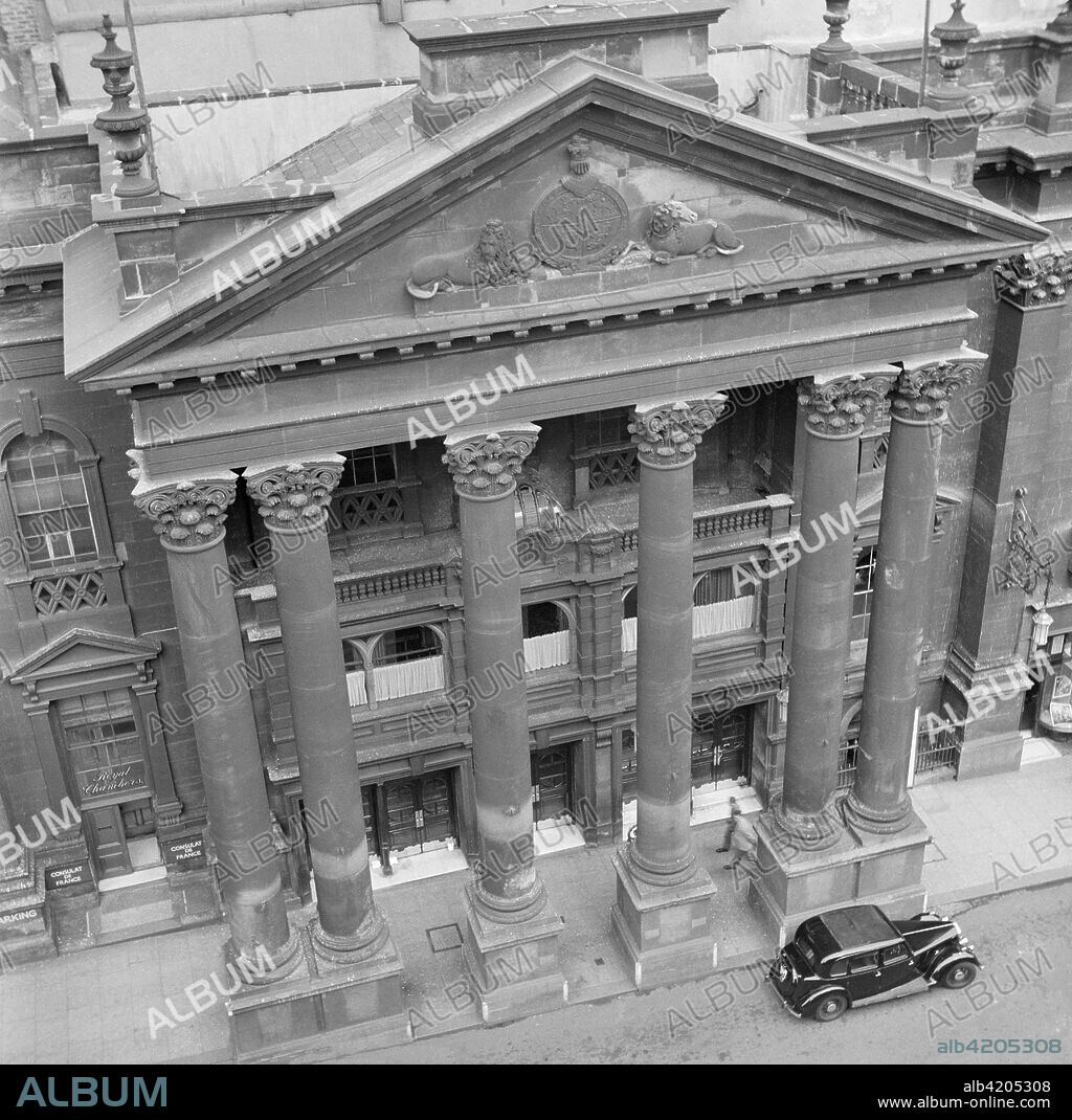 Theatre Royal, Grey Street, Newcastle upon Tyne, c1945-c1955. The portico of the Royal Theatre viewed from a high vantage point. Designed by John and Benjamin Green, the theatre was opened in 1837.