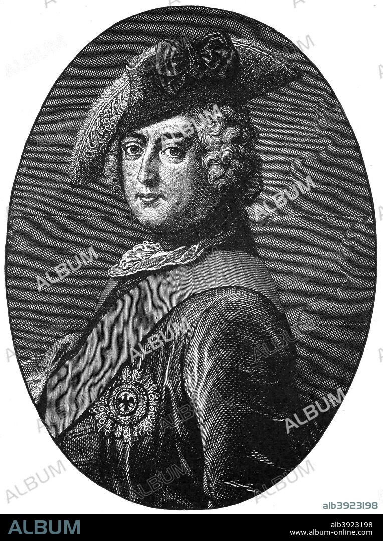 Frederick the Great, King of Prussia, (1903). Frederick II (1712-1786) ruled Prussia from 1740. He enlarged Prussian territory by acquiring Silesia from Austria in the War of the Austrian Succession and from the partiton of Poland. He was regarded as an enlightened monarch, promoting religious tolerance, modernising the bureaucracy and civil service and patronising the work of writers and philosophers such as Voltaire and Kant. A print from The World's History, A Survey of Man's Record, by Dr HF Helmolt, Volume II, William Heinemann, London, 1903.