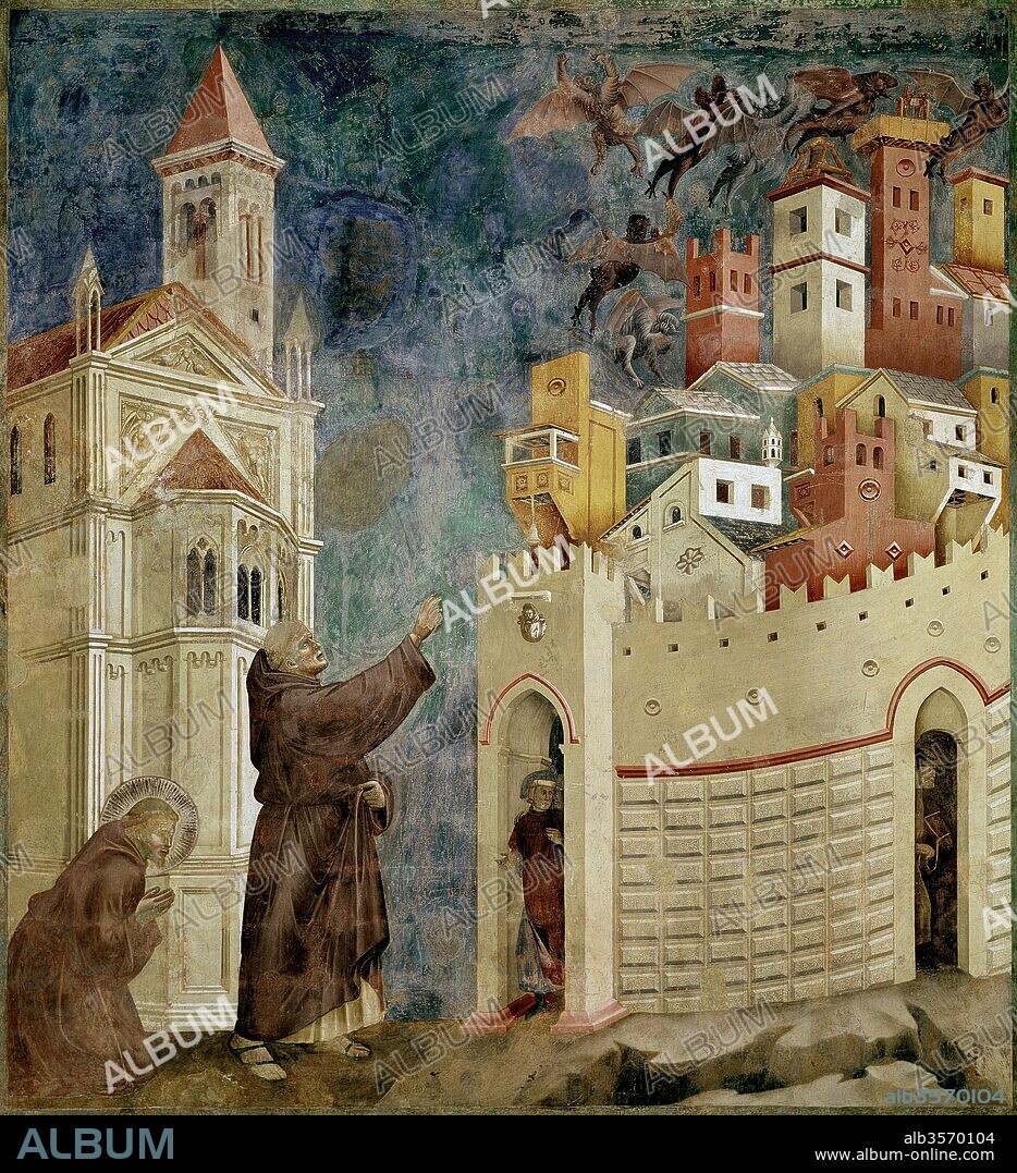 Giotto (Giotto di Bondone) (Vespignano, 1266/1267-Florencia, 1337). Expulsión de los demonios de Arezzo (1290-1300), 270 x 230 cm. San Francisco concentrado y orando arrodillado tras su compañero franciscano, el hermano Silvestre, al que exhorta a expulsar los demonios que habitaban en la ciudad durante la guerra civil de Arezzo. Forma parte de una serie de frescos de la vida de San Francisco que, sobre zócalo decorativo, recorren las paredes de la nave de la Basílica de San Francisco. Asís, Italia.