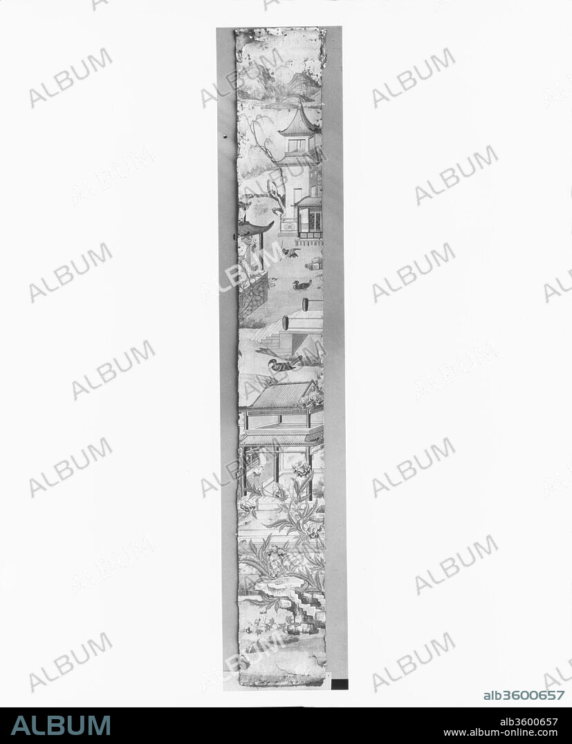 Wallpaper Panel. Dimensions: 130 x 16 1/4 in. (330.2 x 41.3 cm). Date: 1700-1730.
This wallpaper panel is part of a set originally consisting of seventeen pieces (see 14.106.1-.16 for set.). The panels depict mountain landscapes, scenes with houses, birds, and flowering shrubs. They were hand-painted in China during the early eighteenth century for export to England. There, as in America, such exotic wallpaper enjoyed a vogue among the fashionable gentry. Considered a great luxury, it added richness and colors to walls. This wallpaper hung in an English home for two hundred years. The panels are installed, in whole or in part, in the Powel Room in The American Wing.