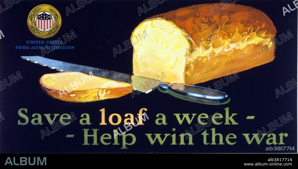 Entitled: "Save a loaf a week - help win the war". Poster showing a loaf of bread cut by a knife. The United States did not have food rationing in WWI. Through slogans such as "Food Will Win the War", "Meatless Mondays", and "Wheatless Wednesdays", the United States Food Administration under Herbert Hoover reduced national consumption by 15%. No artist credited, 1917.
