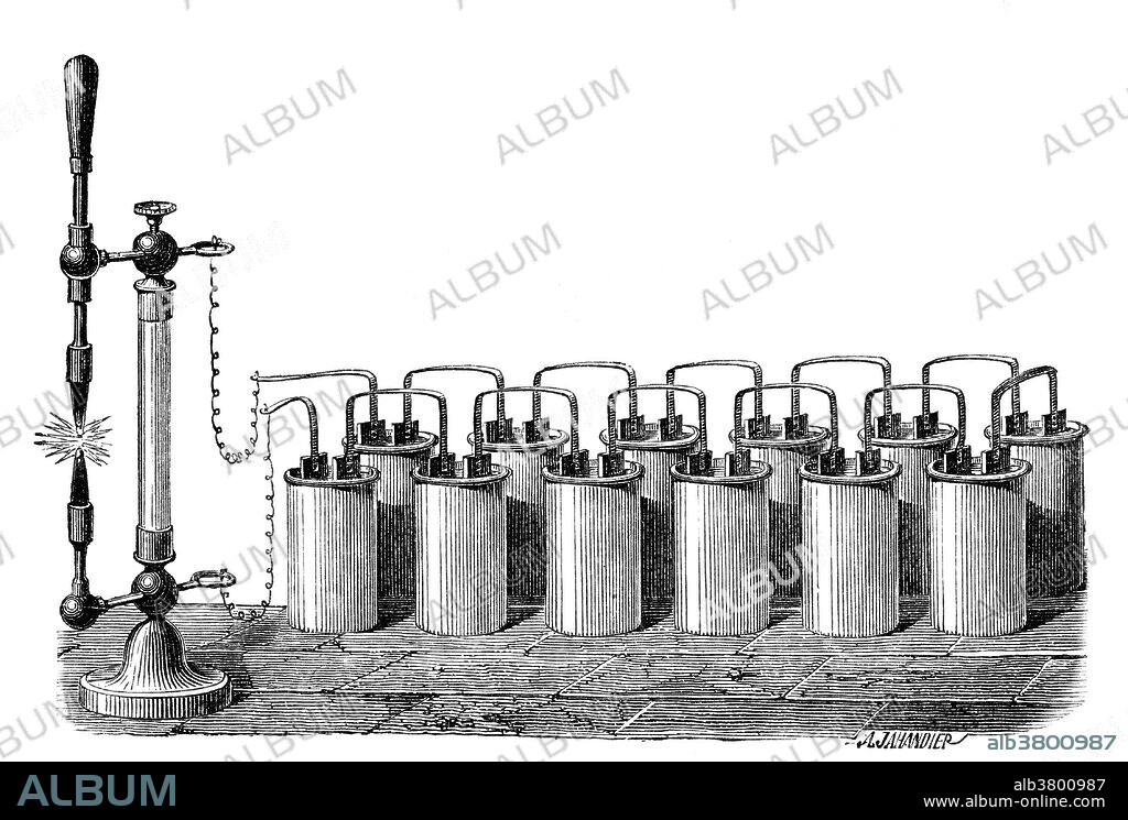 An electric arc or arc discharge is an electrical breakdown of a gas that produces an ongoing electrical discharge. The current through a normally non-conductive medium such as air produces a plasma; the plasma may produce visible light. An arc discharge is characterized by a lower voltage than a glow discharge, and it relies on thermionic emission of electrons from the electrodes supporting the arc. An archaic term is voltaic arc, as used in the phrase "voltaic arc lamp". The voltaic pile was the first electrical battery that could continuously provide an electric current to a circuit. Volta stacked several pairs of alternating copper (or silver) and zinc discs (electrodes) separated by cloth or cardboard soaked in brine (electrolyte) to increase the electrolyte conductivity. When the top and bottom contacts were connected by a wire, an electric current flowed through the voltaic pile and the connecting wire.