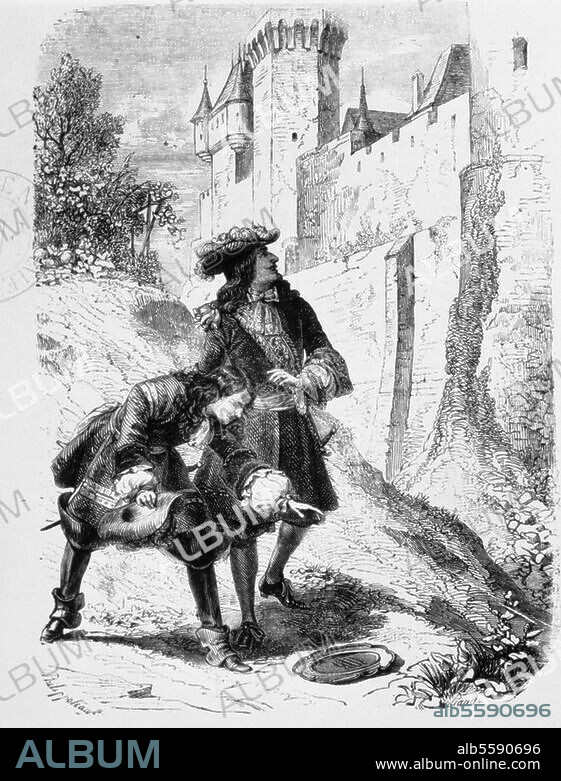 Dumas, Alexandre (Dumas père); 1802-1870. Werke: Le Vicomte de Bragelonne (1847). - "Le plat d'argent" (Kap. CCXXXVII; Athos u. Raoul de Bragelonne finden den Silberteller, den die Eiserne Maske aus seinem Gefängnis Sainte-Marguerite geworfen hat). Holzstich nach Félix Philippoteaux (1815-84). Aus: Le Vicomte de Bragelonne, (Ed. Marescq) 1857. Paris, Bibliothèque Nationale.